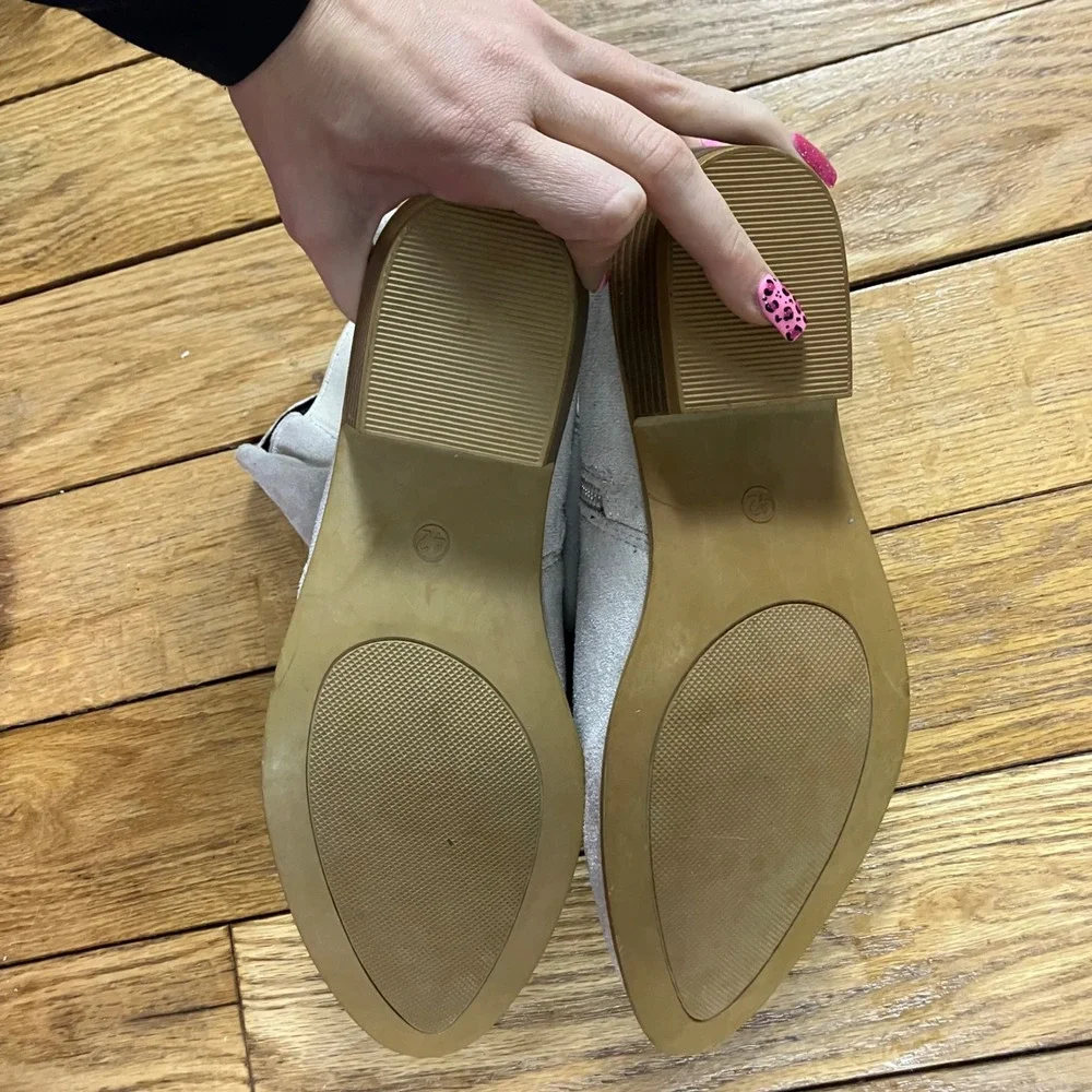 Beige Suede Ankle Boots‎ Side Zip Elastic Chelsea Block Heel Size 42